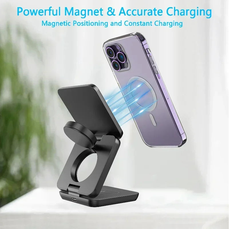 30W Magnetic Wireless Charger Pad Stand for iPhone 15 14 13 12 Apple Watch 8 7 Airpods 3 IN 1 Macsafe Fast Charging Dock Station