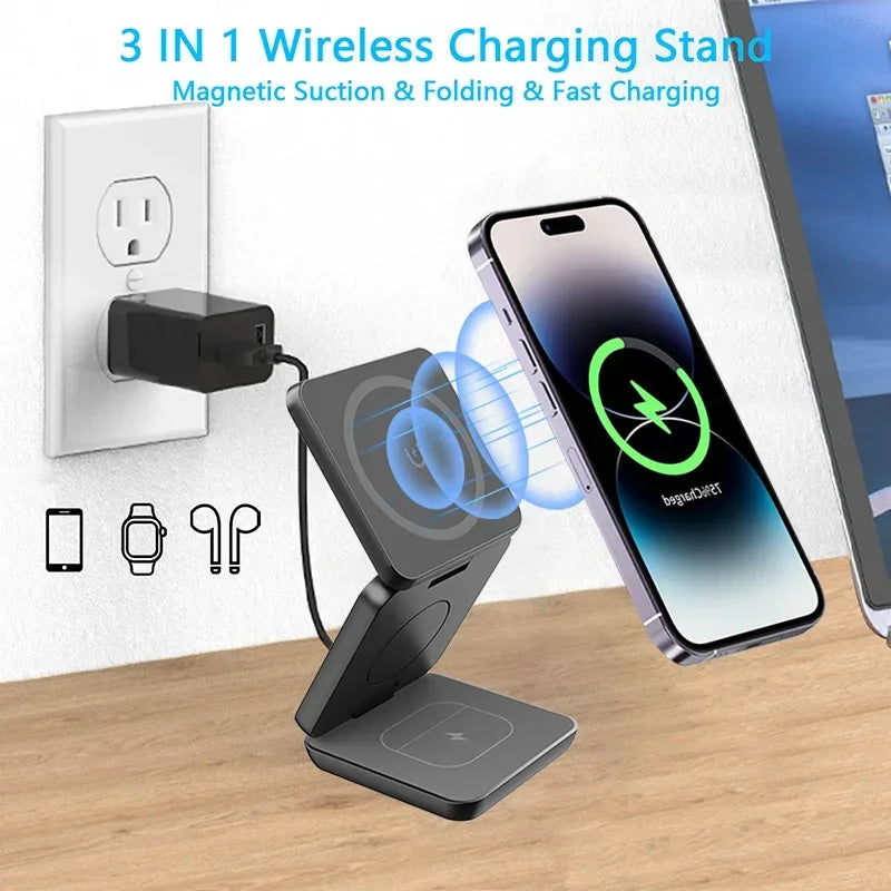 30W Magnetic Wireless Charger Pad Stand for iPhone 15 14 13 12 Apple Watch 8 7 Airpods 3 IN 1 Macsafe Fast Charging Dock Station